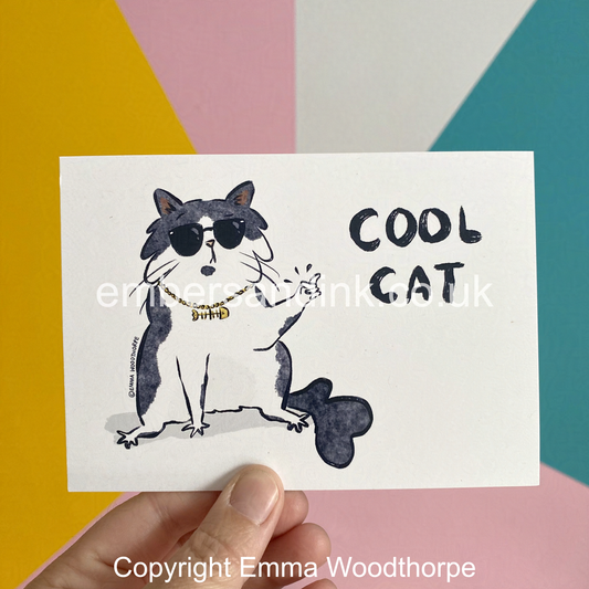 Cool Cat Postcard by Emma Woodthorpe