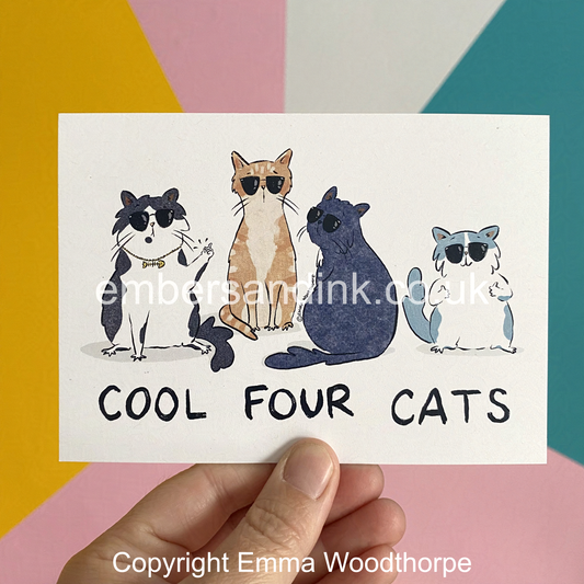 Cool Four Cats Postcard by Emma Woodthorpe