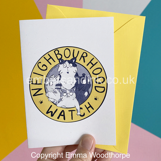 Neighbourhood Watch Cats Greetings Card by Emma Woodthorpe