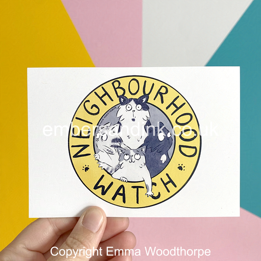 Neighbourhood Watch Cats Postcard by Emma Woodthorpe