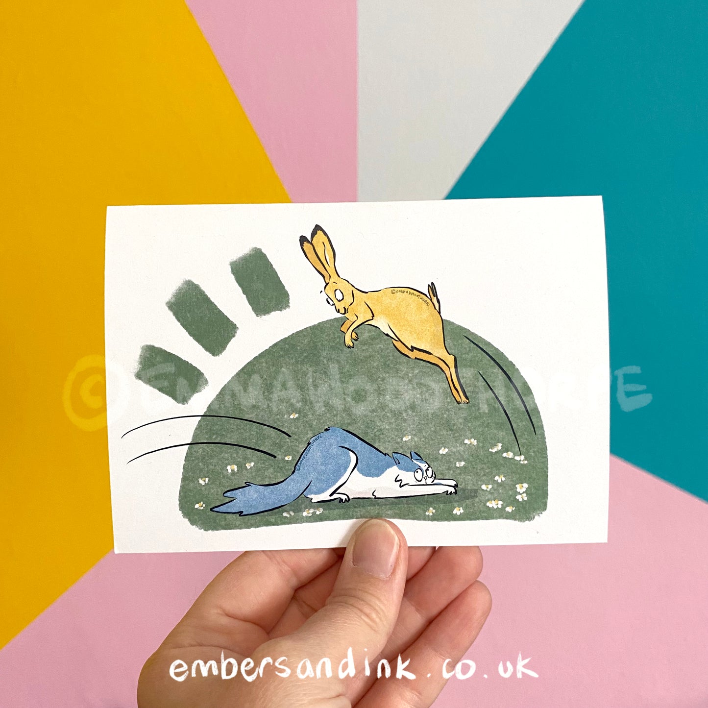 Pouncing Cat Greetings Card by Emma Woodthorpe