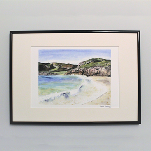 The prints is shown simulated in a frame and mount. This images comes unframed and unmounted.