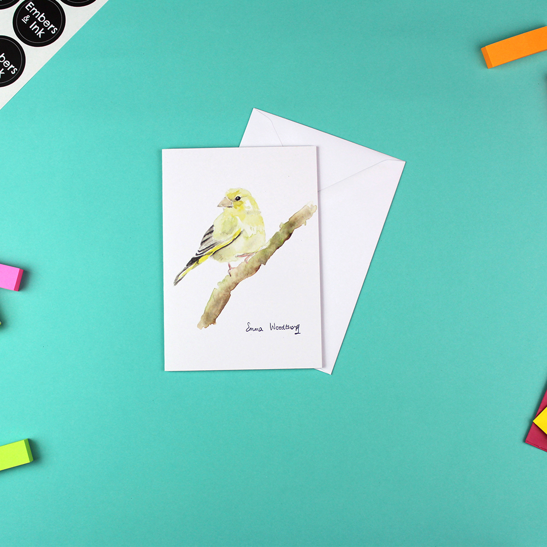 The greenfinch card is shown with a white envelope