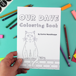 A hand holds the Our Dave Colouring Book by Emma Woodthorpe. It includes an illustration of a cat sitting on a wall, next to a toy mouse. It is all black and shite and ready to be coloured in.
