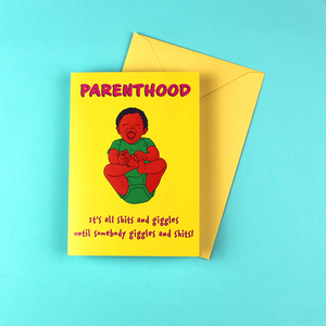 'Parenthood' card shown with its yellow recycled paper envelope.