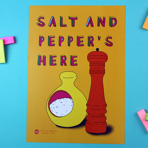 The salt and pepper poster is shown on a table