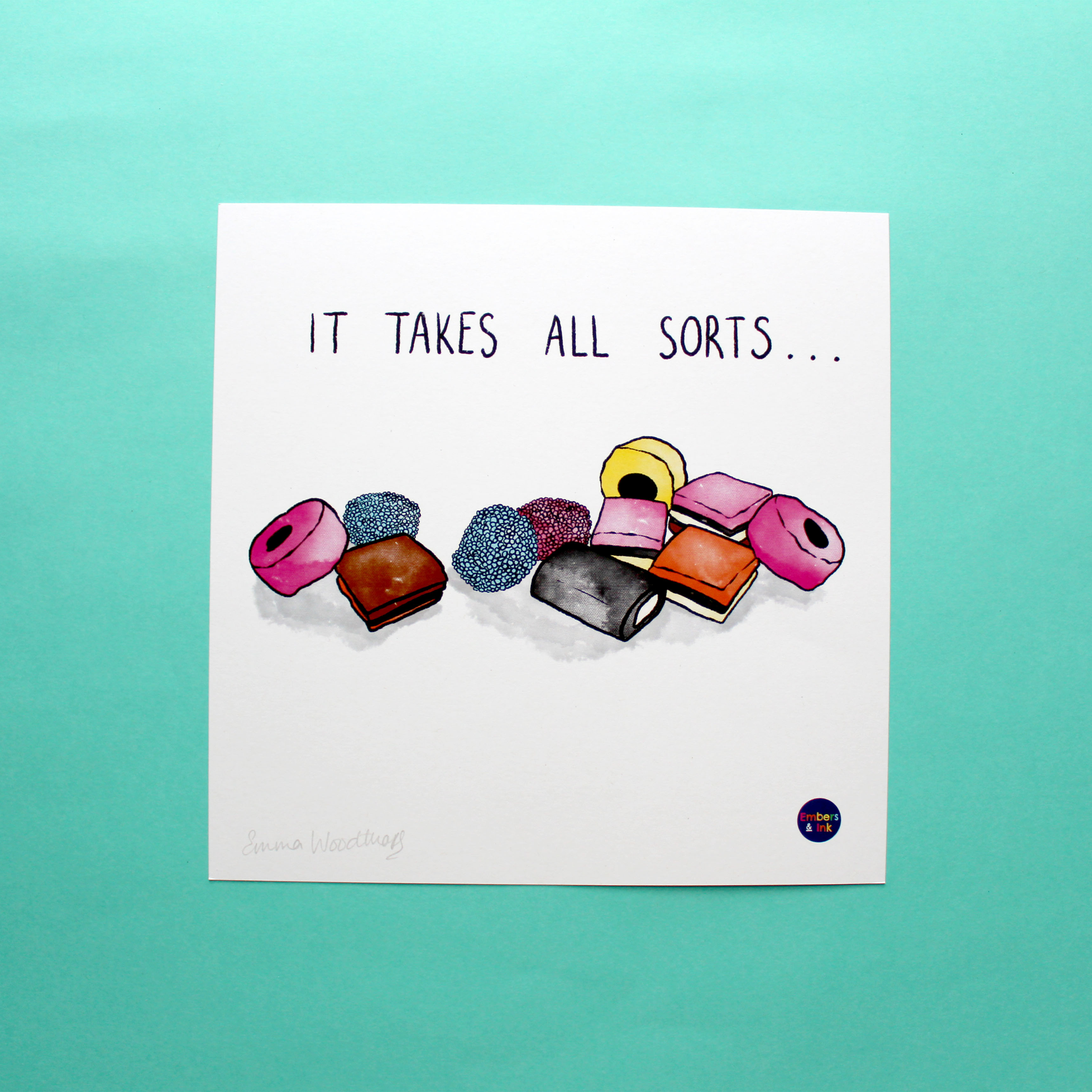 A square art print with an illustration of a pile of All Sorts sweets is shown. On the print, above the illustration, are the words 'it takes all sorts'