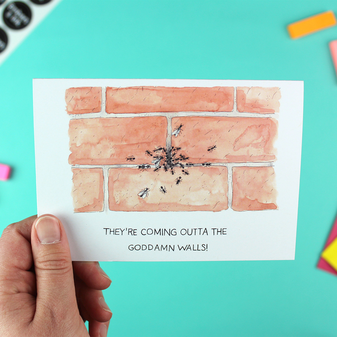 A hand holds a greetings card with an illustration of a brick wall with ants and flying ants crawling out of a crack. Underneath are the words' they're coming outta the goddamn walls!