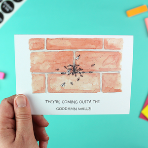 A hand holds a greetings card with an illustration of a brick wall with ants and flying ants crawling out of a crack. Underneath are the words' they're coming outta the goddamn walls!
