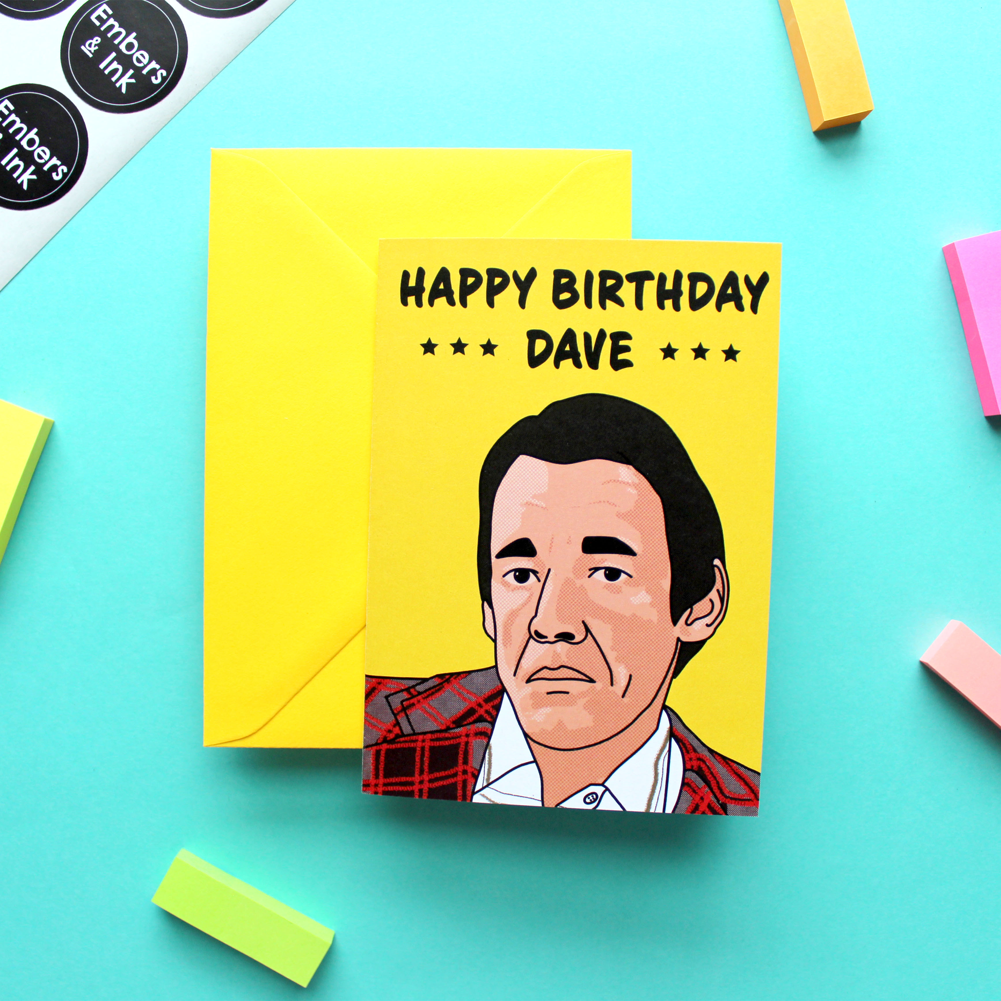 A greetings card with a drawing of the character Trigger from the retro TV show Only Foold And Horses, under the words 'Happy Birthday Dave.' is shown with a yellow envelope.