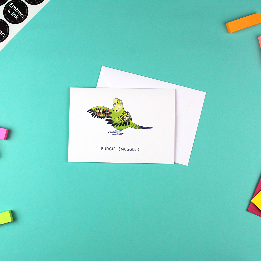The Budgie Smuggler card is shown with a white envelope