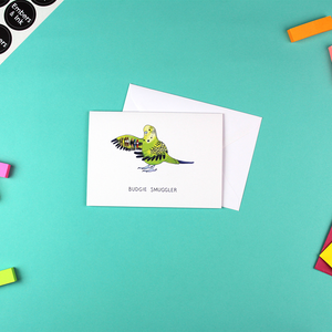 The Budgie Smuggler card is shown with a white envelope