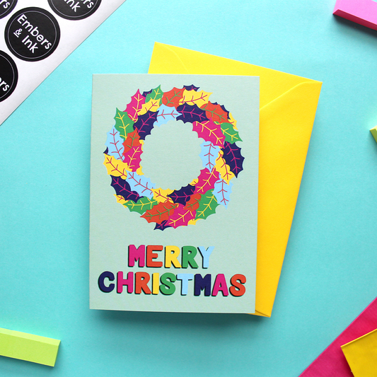Colourful Holly Wreath Christmas Card in Green