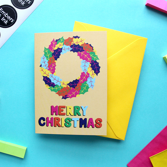 Colourful Holly Wreath Christmas Card in Yellow