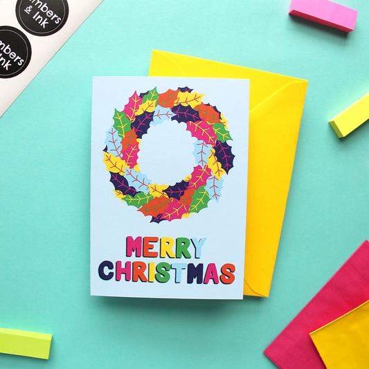 Colourful Holly Wreath Christmas Card in Blue