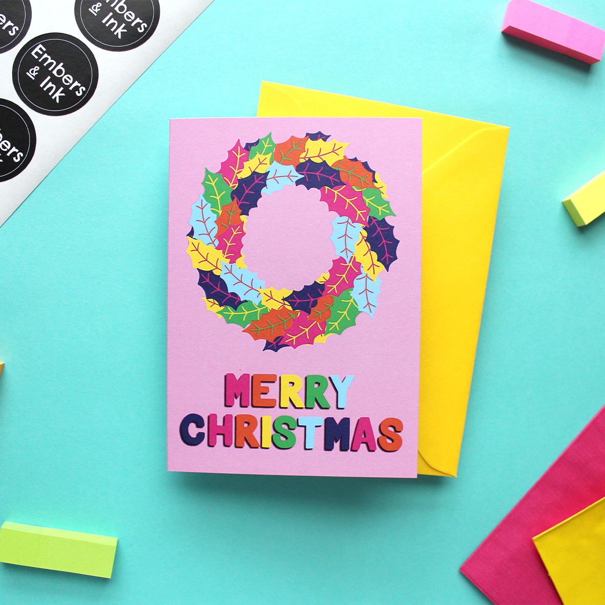 Colourful Holly Wreath Christmas Card in Pink