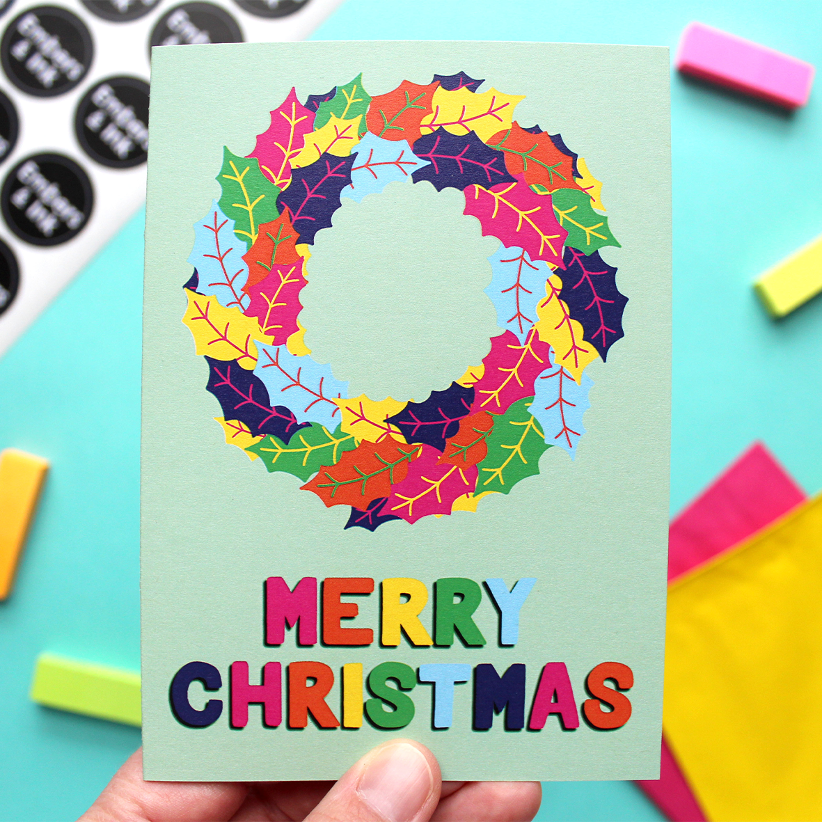 Colourful Holly Wreath Christmas Card in Green
