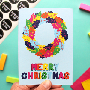 Colourful Holly Wreath Christmas Card in Blue
