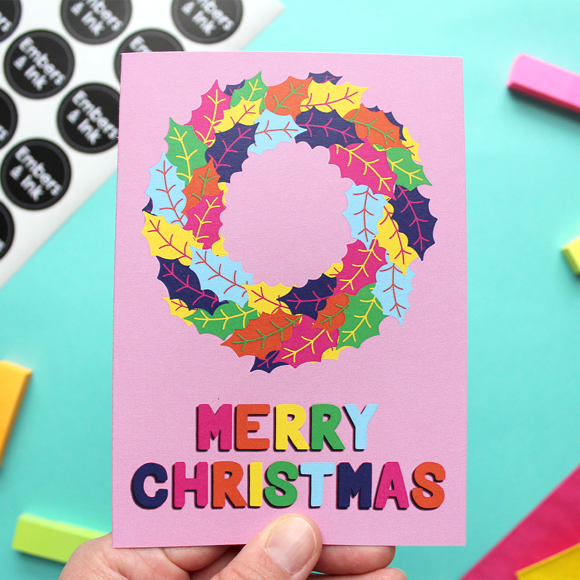 Colourful Holly Wreath Christmas Card in Pink