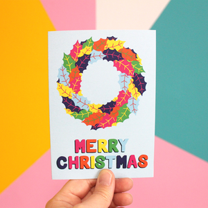 Colourful Holly Wreath Christmas Card in Blue