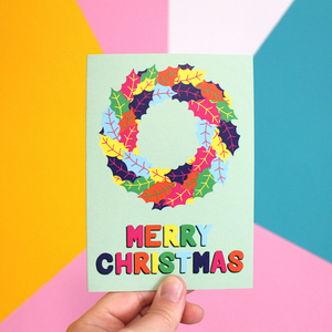 Colourful Holly Wreath Christmas Card in Green
