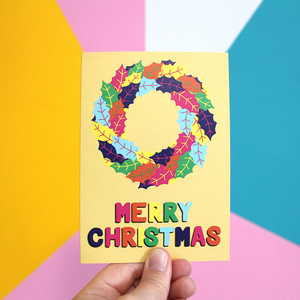 Colourful Holly Wreath Christmas Card in Yellow