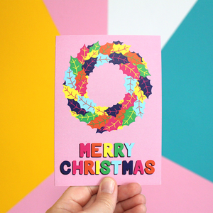Colourful Holly Wreath Christmas Card in Pink