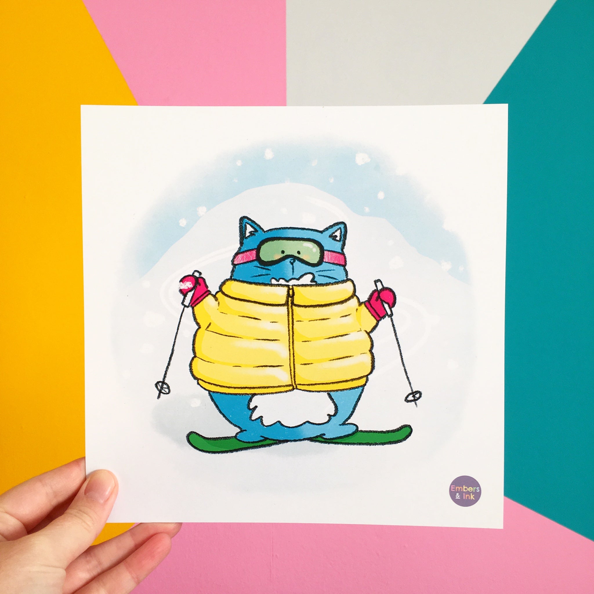 Skiing Cat Illustration Art Print