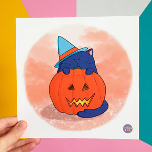 Halloween Cat in a Witches Hat Illustration Art Print