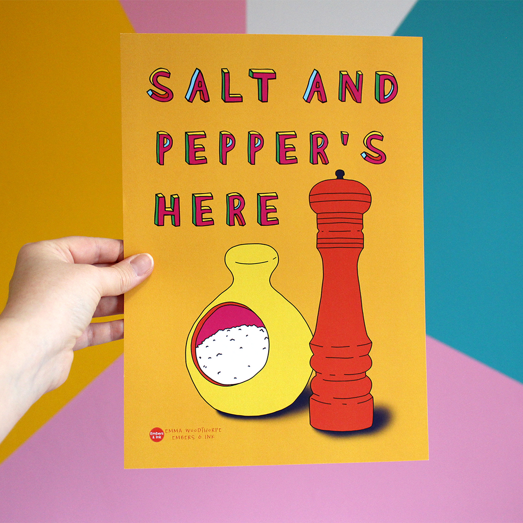 a hand holds up a portrait-orientated orange poster with an illustration of a yellow salt pig and an orange epper mill. Above in colourful writing are the words Sale and Peppers here